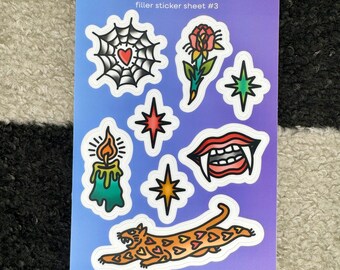 Traditional Tattoo Inspired Sticker Sheet #3 | 4x6 in. Page - Stickers 1 in. each | Gap Fillers | Spider Web Rose Candle Fangs Leaping Tiger