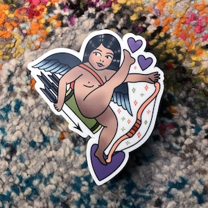 Cupid Bow and Arrow Hearts Sticker | Traditional Tattoo Inspired Cherub Angel | Valentines Day | 3-inch Vinyl Diecut Laptop / Water Bottle