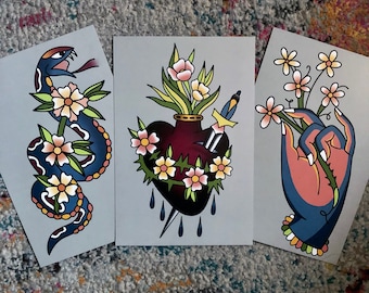 Tattoo Inspired 3 Print Bundle 6 x 9 inches each | Snake, Sacred Heart and Flower Hand | Premium Matte Finish | Postcards or Art Prints