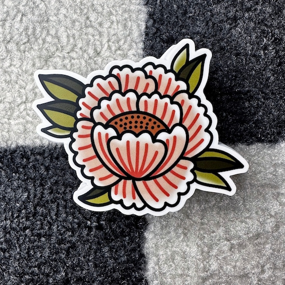 Traditional Tattoo Inspired Peony Flower Sticker | 3 Inch Custom Die Cut Water Bottle / Laptop Floral Sticker