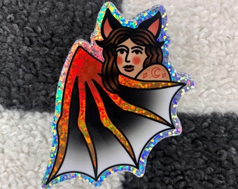 Bat Lady Glitter Sticker | Reflective Rainbow Effect | High-Quality Vinyl | Water Bottle, Laptop Sticker | Traditional Tattoo