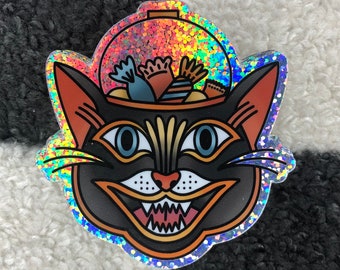 Halloween Candy Bucket Black Cat Glitter Sticker | Reflective Rainbow Effect | Water Bottle, Laptop Sticker | Traditional Tattoo Inspired