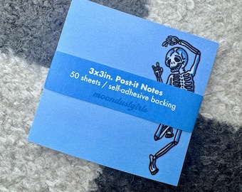 Dancing Skeleton Tattoo Flash Inspired 3 x 3 in. Post-it Notes | 50 Sheets of Paper | Custom Spooky Skull Blue Stationery | Sticky Backing