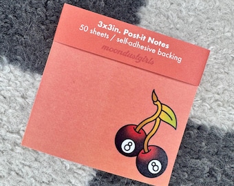 8 Ball Cherries Tattoo Flash Inspired 3 x 3 in. Post-it Notes | 50 Sheets of Paper | Custom Cherry Red Stationery | Sticky Backing
