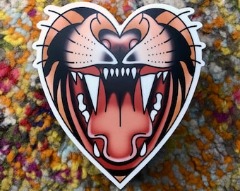 Traditional Tattoo Style Tiger Heart Sticker | 3-inch Diecut | Laptop and Water Bottle Sticker | High Quality Vinyl | Tattoo Flash Design