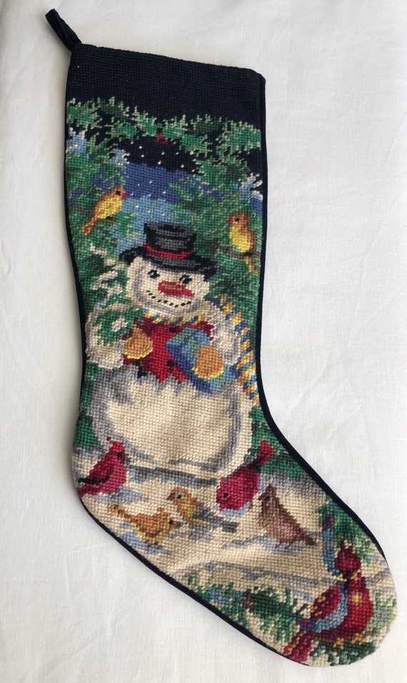 Vintage Needlepoint Christmas Stocking Snowman Etsy