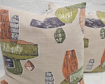 1950s Barkcloth  Cushion with Feather Insert 50 cm