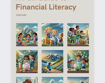 May include: A colorful illustration depicting children learning about money. The image features a variety of scenes, including children saving money in piggy banks, counting coins, and learning about budgeting. The illustration is set against a backdrop of mountains and a cityscape.