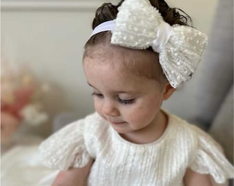 Ivory Lace Christening Headband, Ribbon Bow, Soft Elastic Headband