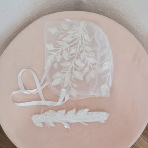 Elegant Christening Bonnet for Newborns | Beaded Lace Baby Bonnet with Silk Ribbon Ties | Ivory Traditional Bonnet | Handmade in Melbourne