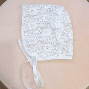 Handmade Christening Bonnet for Newborn Girls, Traditional Lace Detail Baby Bonnet, Satin Ribbon Ties, Elegant Baptism Bonnet
