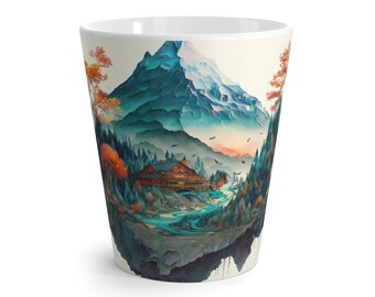 Mountainside Cabin, Illustrated Landscape - Boutique Coffee & Latte Mug