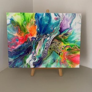 Original Neon Rainbow Fluid Art, Acrylic Pour Painting (12x16)