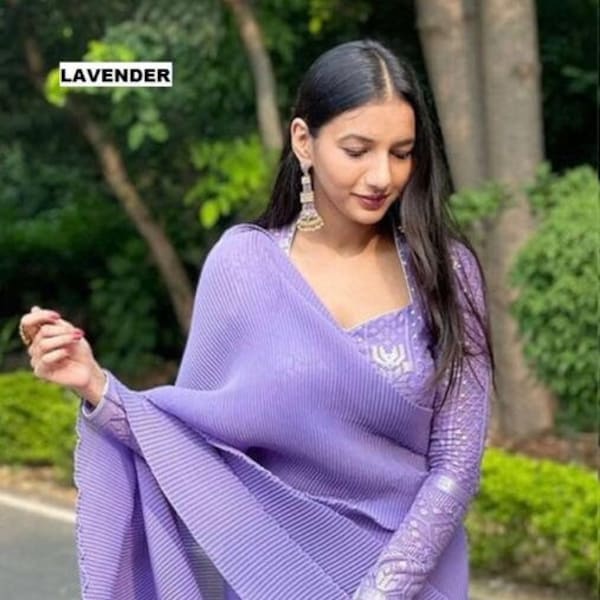 Lavender Colour Georgette Febric with crush work,Digital Print saree and blouse for Sequins Work,fancy saree,wedding saree,designer saree