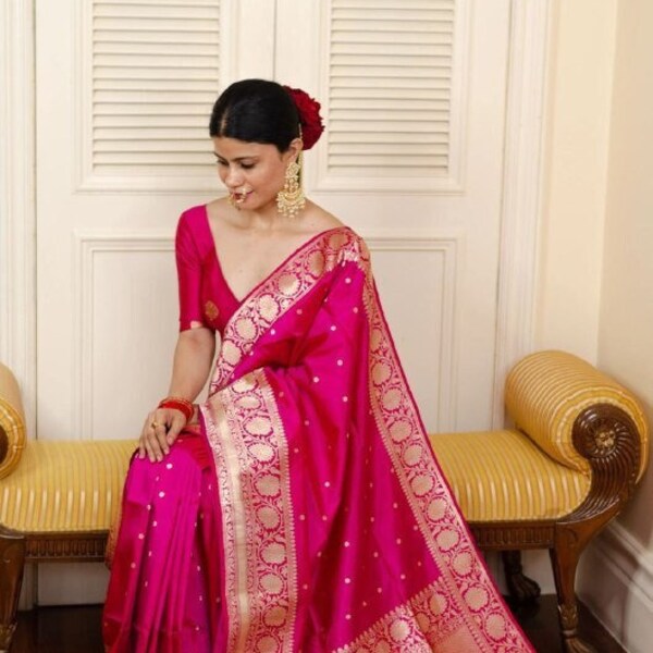 Pink Color Beautiful soft lichi Silk Saree,Kanchipuram Silk Look Saree,Wedding Wear Saree,Stunning Look Saree,Exclusive Saree