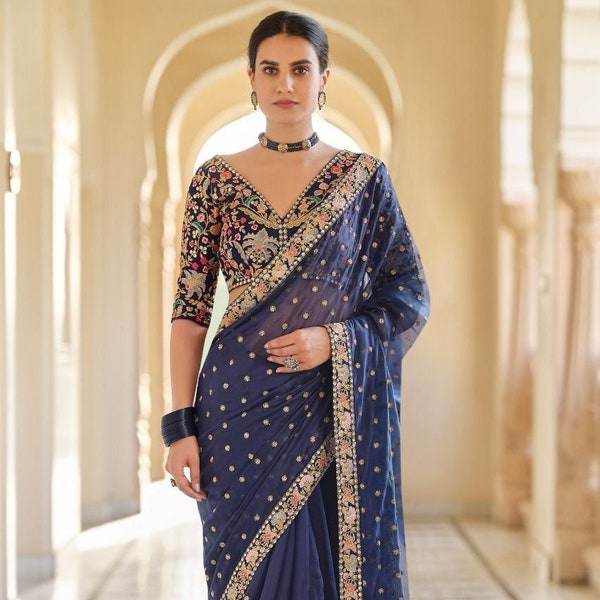 Navy Blue Colour Beautiful Georgette With Embroidery Border Work Saree Party Wear saree Wedding Wear Saree Bold And Beautiful Saree