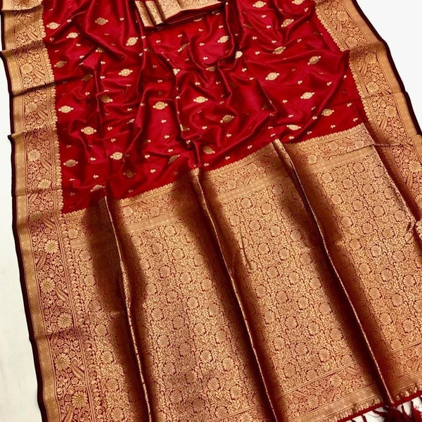 Pure Banarasi Soft Lichi Soie Saree Avec Or Jari Tissage Saree Mariage Porter Saree Party Wear Saree Soie Saree Designer Traditionnel Saree