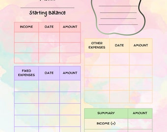 May include: A printable monthly budget planner with a watercolour background in shades of pink, yellow, and blue. The planner includes sections for income, fixed expenses, other expenses, and a summary of income, expenses, and final balance.