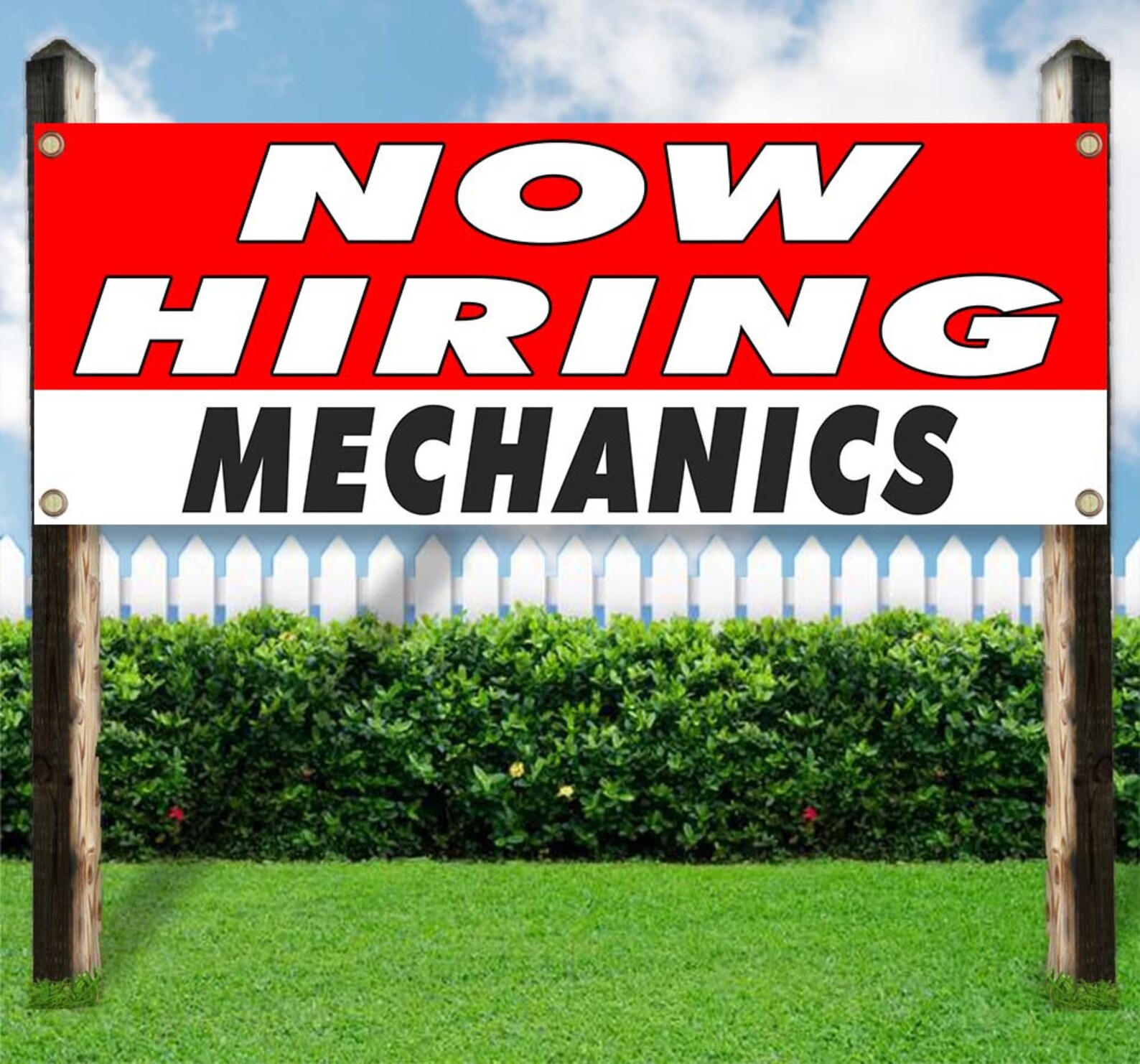 Now Hiring Mechanics Banner, 13 Oz Premium Heavy Weight Vinyl Banner