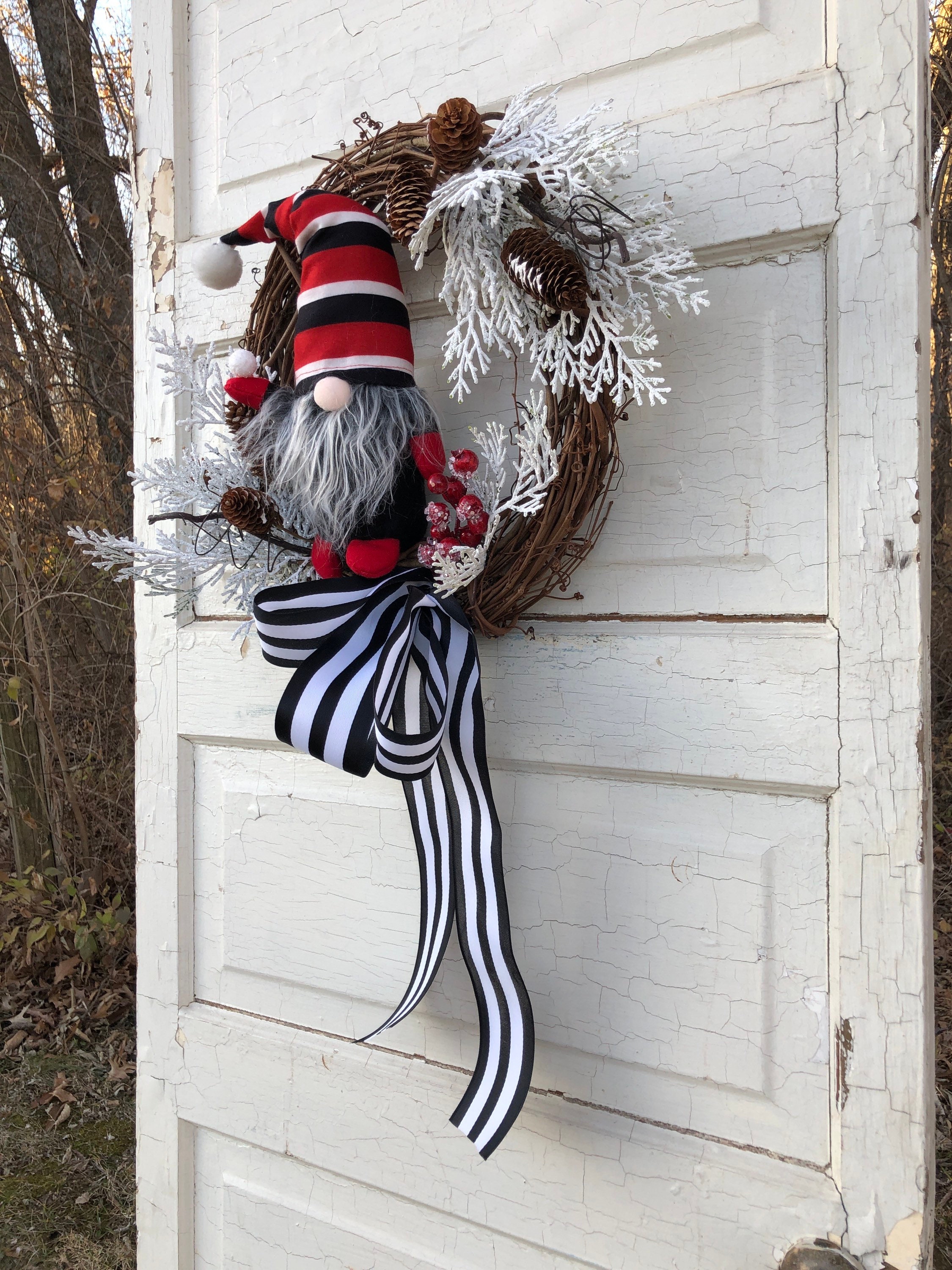 Gnome Wreath for Front Door Winter Gnome Wreath Striped hat Etsy