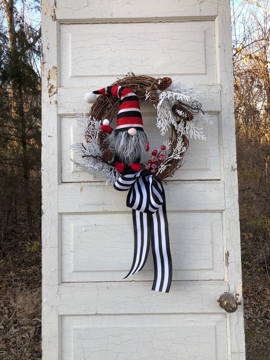 Gnome Wreath for Front Door Winter Gnome Wreath Striped Hat Etsy