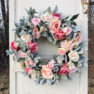 NEW Beautiful Wreath for Summer, Large Lambs Ear Wreath, Mantel Decor, Roses and Pink, Cottage Door Decoration Easter Decor, Rose Lambs Ear