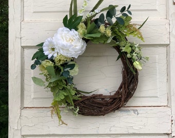 Spring Wreath for Front Door, Gate Wreath, Simple White Floral Wreath, Summer Wreath, Gift for Her