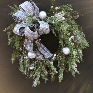 Silver Bells Winter Wreath, Christmas Wreath for Front Door, Jingle Bell Silver Christmas Wreath, Pine Iced Wreath