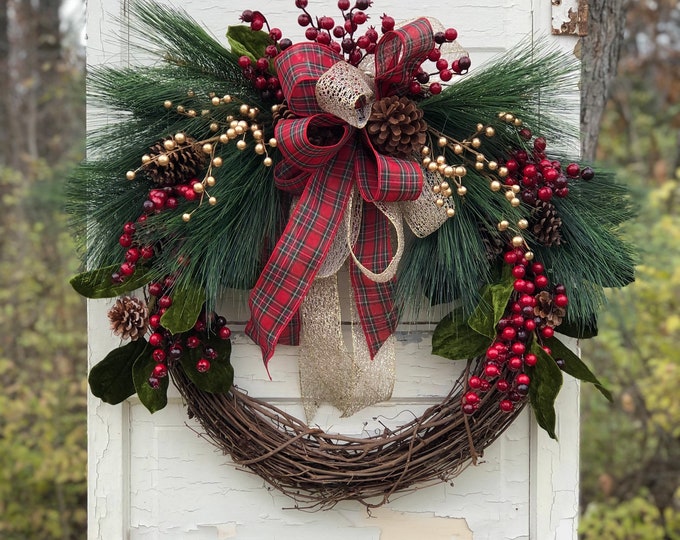 Christmas Wreath for Front Door, Holiday Wreath, Grapevine Christmas ...