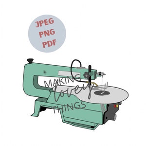 Peut inclure: Une scie à chantourner bleu turquoise avec une surface de travail blanche et le texte "Making Lovely Things" sur le côté.