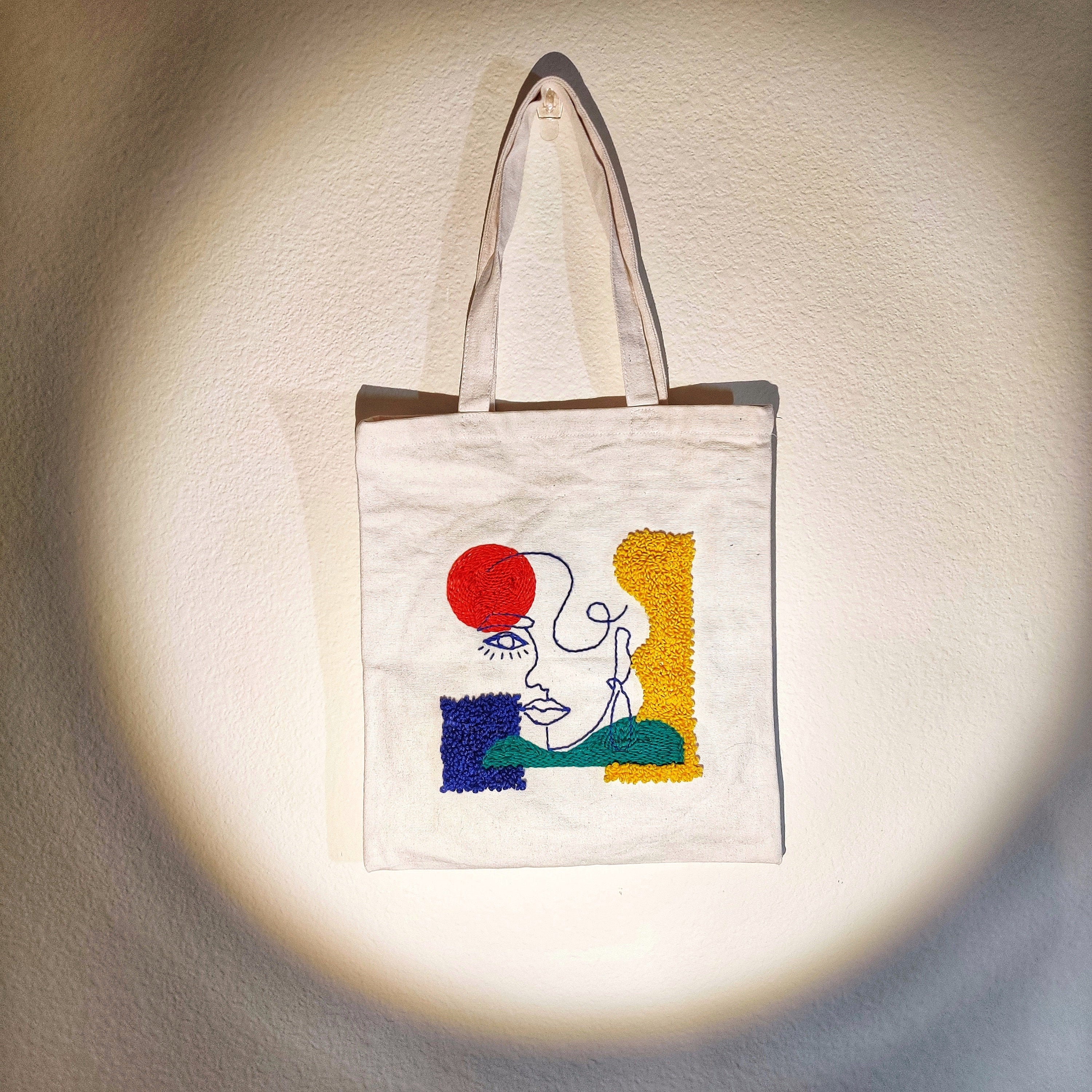 Canvas tote bag handmade canvas bag Punch Needle bag art face Etsy