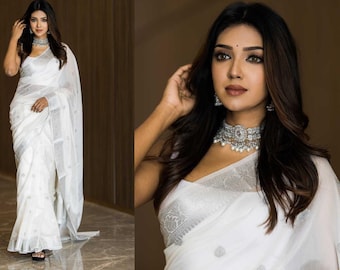 Indian soft slab Lilian khadi attractive beautiful white withsilver Border women saree rich border with blouse piece
