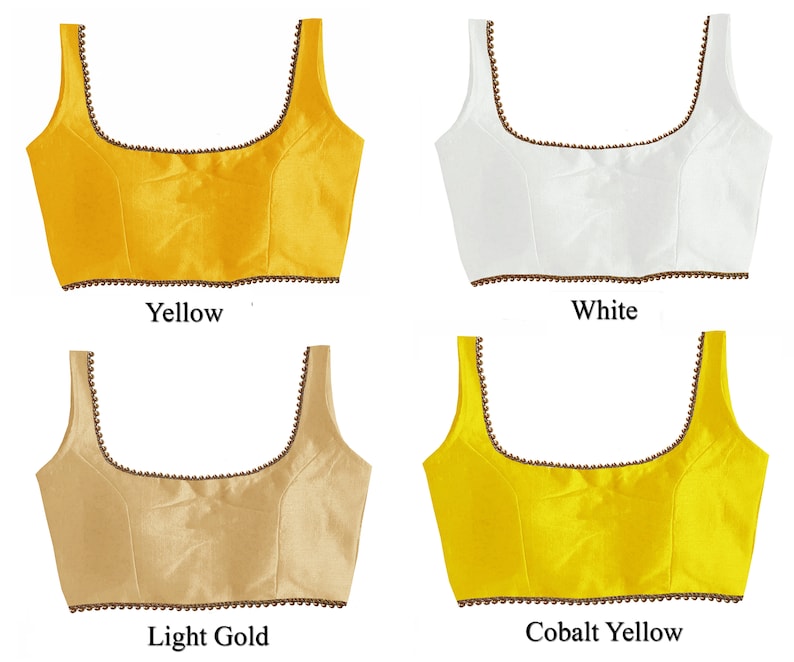 May include: Four different colored sleeveless tops with a scoop neck and a brown beaded trim. The colors are yellow, white, light gold, and cobalt yellow.
