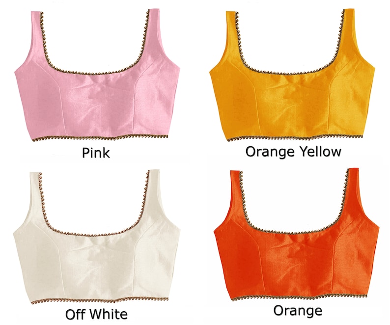 May include: Four sleeveless tops in different colors: pink, orange yellow, off white, and orange. Each top has a brown trim around the neckline and bottom.