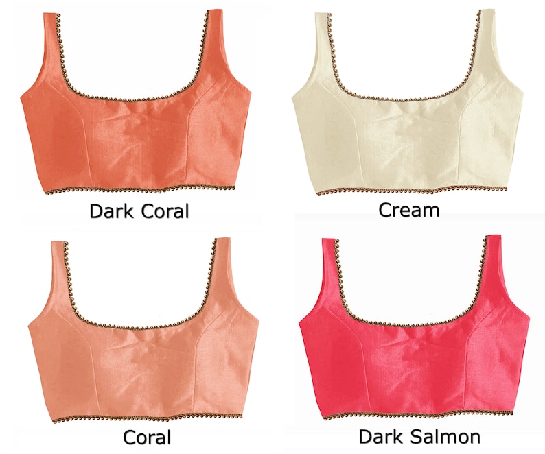 May include: Four different colored sleeveless tops with a square neckline and a beaded trim. The colors are dark coral, cream, coral, and dark salmon.