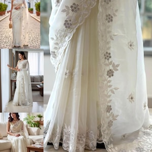 White Organza Saree with Floral Embroidery, Indian Wedding Sari