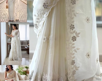 White Organza Saree with Floral Embroidery, Indian Wedding Sari