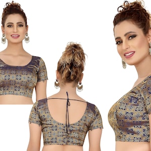 Indian Imported readymade Short Sleeve Brocade blouse for saree with back side openable hook eye