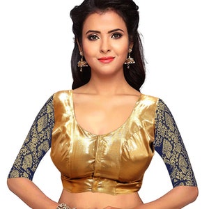 Women readymade Golden Blouse Elbow Length Sleeve Brocade Padded blouse for saree with Front side operable with hook eye fitting