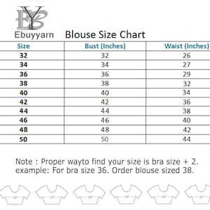 May include: A chart showing blouse sizes in inches. The chart lists bust and waist measurements for sizes 32 to 50. The note at the bottom says "Proper way to find your size is bra size + 2. Example: For bra size 36. Order blouse sized 38."