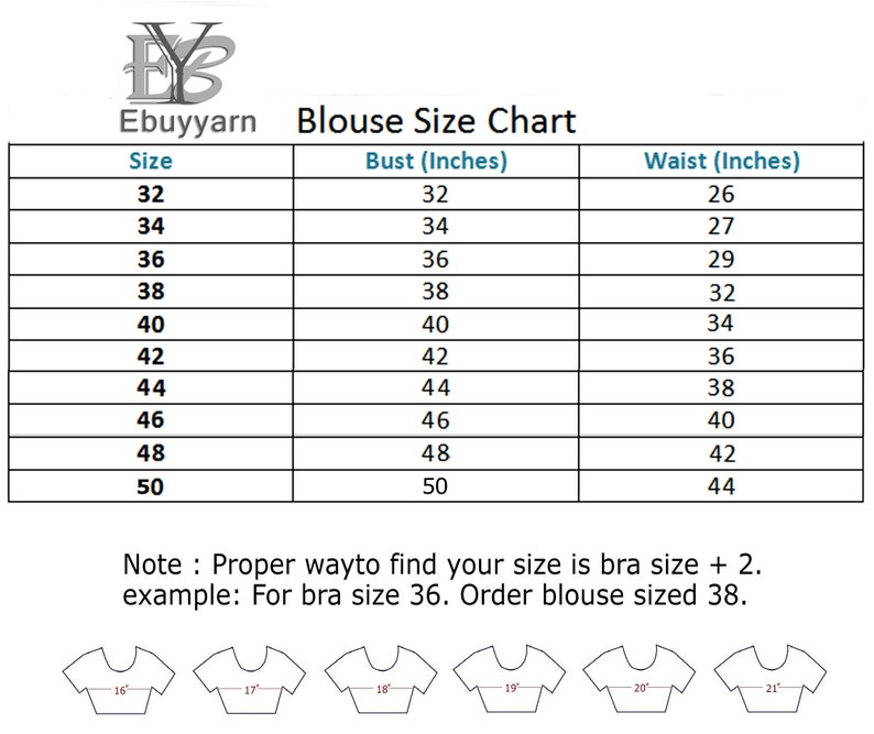May include: A chart showing blouse sizes in inches. The chart lists bust and waist measurements for sizes 32 to 50. The note at the bottom says "Proper way to find your size is bra size + 2. Example: For bra size 36. Order blouse sized 38."