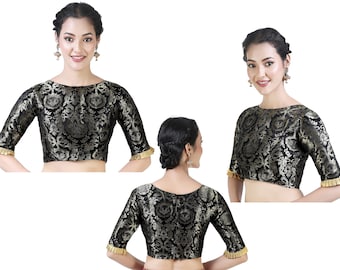Brocade Saree Blouse: Elbow Sleeve, Boat Neck, Indian Designer