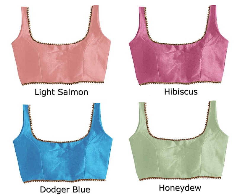 May include: Four different colored satin fabric crop tops with a beaded trim. The colors are light salmon, hibiscus, dodger blue, and honeydew.