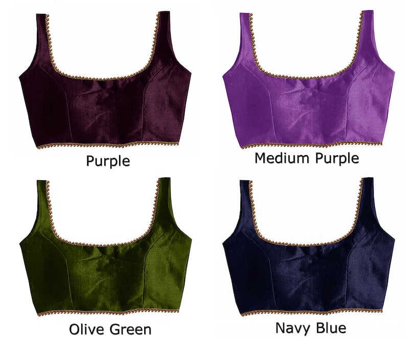 May include: Four different colored sleeveless blouses with a gold trim. The colors are purple, medium purple, olive green, and navy blue.