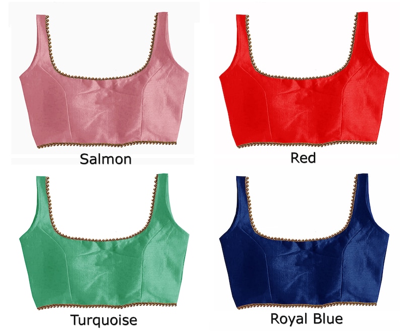 May include: Four different colored, sleeveless, satin blouses with a gold beaded trim. The colors are salmon, red, turquoise, and royal blue.