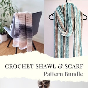May include: A crochet shawl and scarf pattern bundle. The shawl is a triangular shape with blue, grey, and white stripes. The scarf is a long rectangle with blue, grey, and white stripes. The text "MYCROCHETSPACE.COM" is at the bottom of the image.