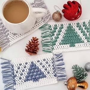 Crochet Pattern Mosaic Coaster, Two Christmas Tree Crochet Mug Rug Patterns, Christmas Home Decor PDF Download