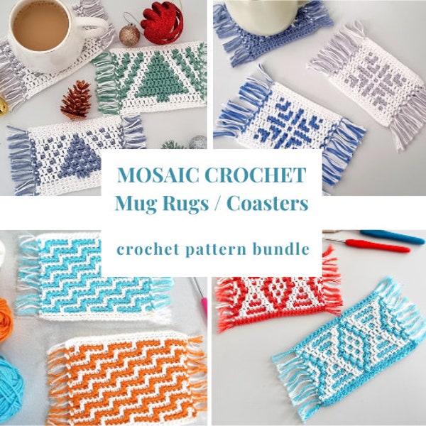 Crochet Pattern Bundle, Mosaic Coaster, Snowflake Crochet Coaster Pattern, Winter Crochet Coasters, Christmas Tree Mug Rug, PDF Download