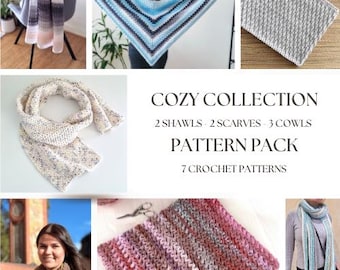 CROCHET PATTERN, Cozy Collection, Scarf, Shawl, Cowl, 7 Crochet Patterns, PDF Download