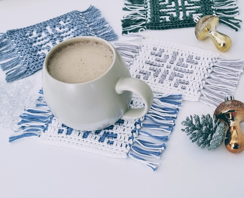 Crochet Pattern Bundle, Mosaic Coaster, Snowflake Crochet Coaster Pattern, Winter Crochet Coasters, Christmas Tree Mug Rug, PDF Download image 3